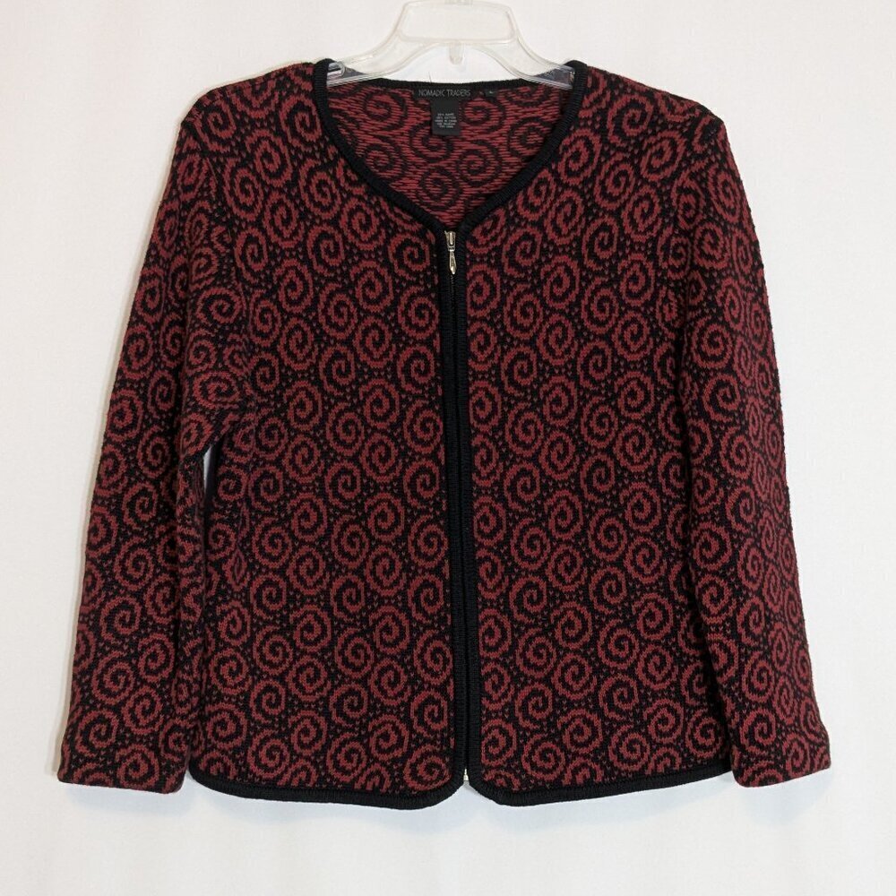 NOMADIC TRADERS Red/Black Swirls Front Zip Short Cardigan Sweater; Size L